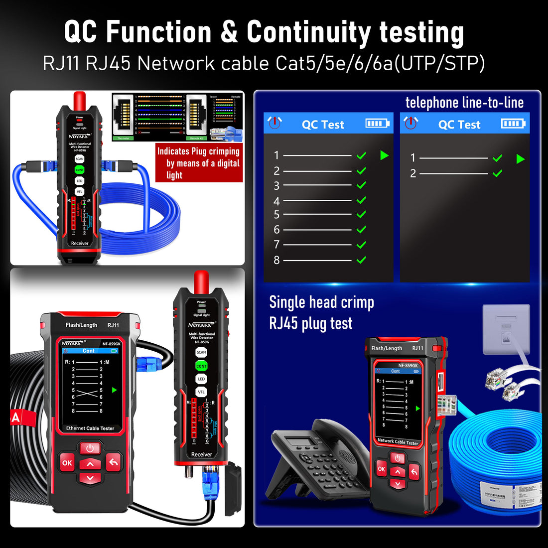NOYAFA NF-859GK Network Cable Tester with IP Tester 10mw Visual Fault Locator,PING/POE/RJ45 RJ11 CAT5 CAT6 Cable Toner Ethernet Tester for Phone Lines CAT3, Ethernet,Wire Tracer LAN Network Tool